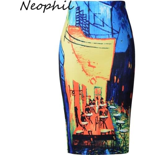 Neophil 2020 Winter Retro Oil Painting Pattern High Waist Ladies Pencil Midi Skirt Print Bodycon Office Work Wear Saias S7016