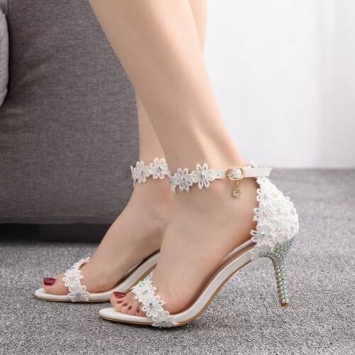New White Designer Women Thin High Heels Sandals Flowers Wedding Shoes Woman Comfortable Summer Soft Leather Dress Shoes H0006