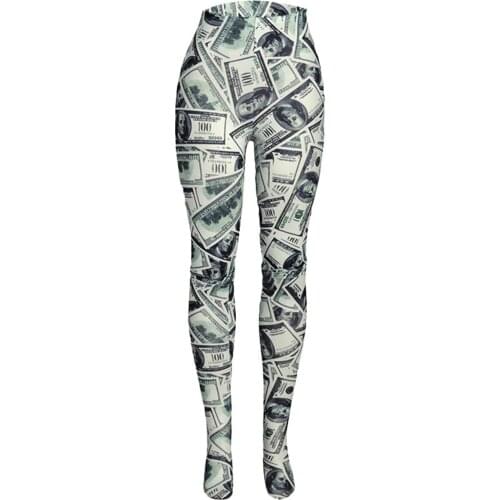 Women Sexy Skinny Pantyhose White Dollar Printing Patterns High Waist Pants Girls Skinny Tights S/ M/ L