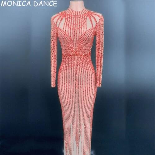 Nightclub Sexy Stage Gold Rhinestones Transparent Long Dress Birthday Celebrate Mesh Outfit Bar Prom Show Women Dancer Dresses