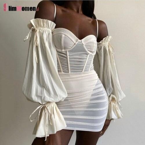 Mesh Summer Underwire Corset Dress Women Spaghetti Strap Long Lantern Sleeves Ruched Sexy Mini Dresses Club Party Vestidos 2021