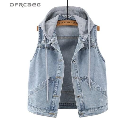 4XL 5XLPlus Size Women Denim Vest Hood 2020 Summer Slim Jeans Gilet Femme Streetwear Sleeveless Short Jackets Jean Waistcoat