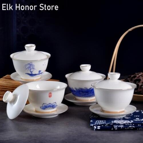 180ml Mutton Fat Jade Tea Tureen Handmade Lotus Glaze Sancai Tea Cup Tea Bowl With Saucer Lid Master Household Travel Tea Set