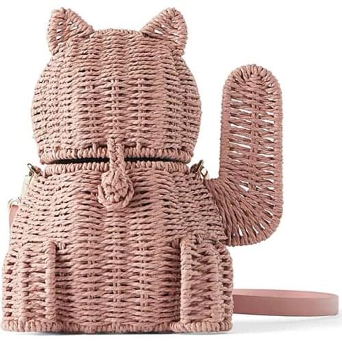 Bandolera con Gato ¡Novedad! bolsos de mimbre de la suerte moda para mujer, cesta para mujer y niña, lucky cat straw bag