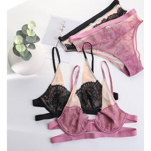 French brassiere panty ultra-thin breathable lace temptation girl with steel ring bra briefs ladies sexy deep V bras and pantie