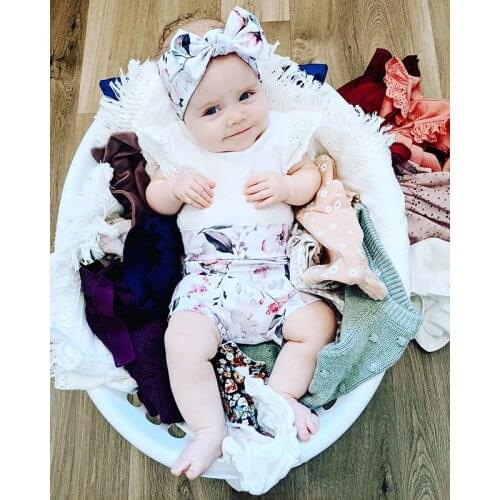 2021 0-24M Baby Girl Summer Clothing Lace Fly Sleeve Solid Color Romper+Floral Triangle Shorts+Headband 3pcs Outfits Set