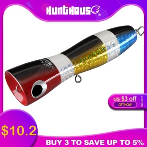 HuntHouse Wooden popper lure Handmade Trolling fishing Baits design topwater swimbait GT durable Surface Popping Lures lw303l