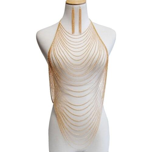 Luxury Fashion Shiny Sexy Body Belly Gold Color Full chain Bra Slave Harness Necklace Tassel Waist Jewelry