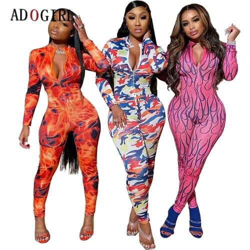 Adogirl Long Sleeve Bodycon Jumpsuit Women Front Zipper Sexy One Piece Rompers Evening Party Club Skinny Outfits Autumn 2020