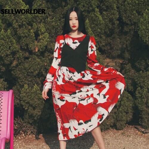2021 SELLWORLDER Woman Japan Style Sunset Crane Flying Dress V neck Long Dress