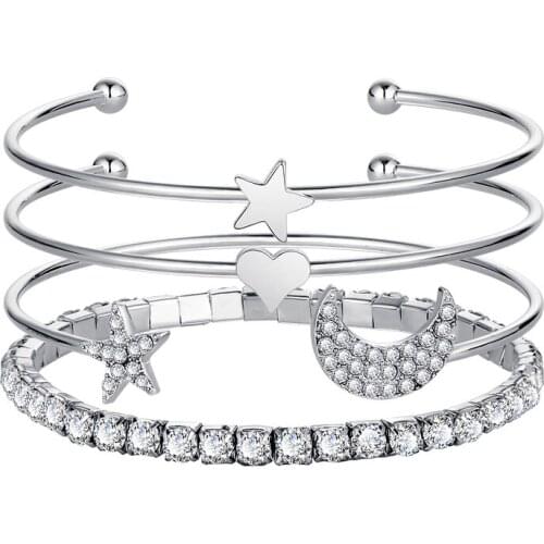 4 Pcs/Set Fashion Star Moon Opening Bangles Bracelets Gold Silver Alloy Crystal Exquisite Charm Bracelet Set for Women