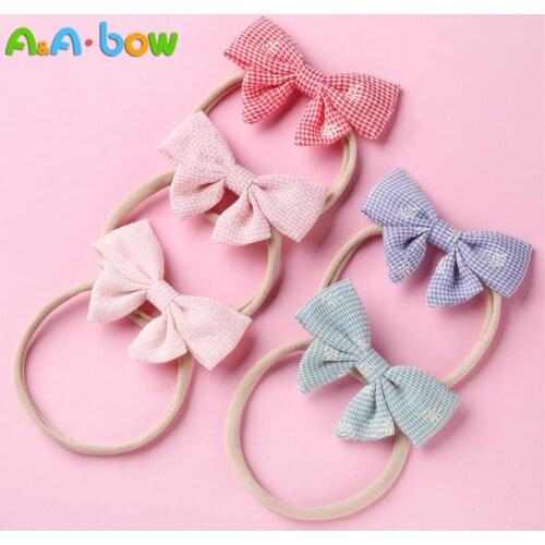 5pcs Print Bow Nylon Headband or Hair Clips Baby Girls Hair Bows Mini Plaid Bow Headband Hairpins Headwear Hair Accessories