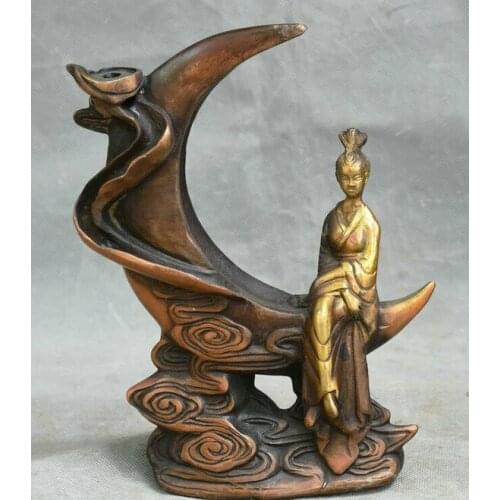 7.6" Old Chinese Red Copper Dynasty Moon Beauty Woman Statue Backflow Incense