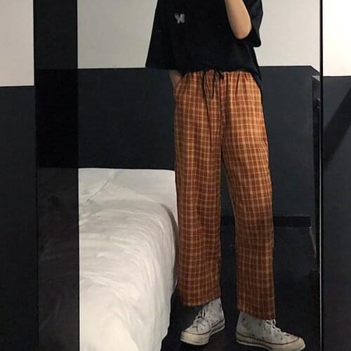 Women Wide Leg Pants ankle-length 9th trousers summer Casual Loose High Elastic Waist plaid Pants Loose Elasticated Trousers