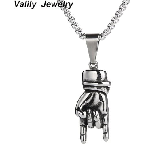 Valily Rock Hand Gesture Pendant Necklace Stainless Steel Punk Rock&Roll Hand Chain Necklaces Jewelry For Men Women 24"Box Chain