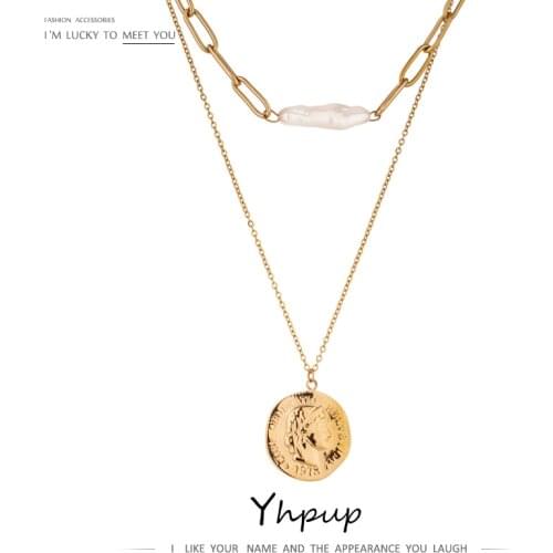 Yhpup New Stainless Steel Chain Layered Necklace Fashion Coin Portrait Necklace for Women Elegant Natural Pearl Jewelry Gift