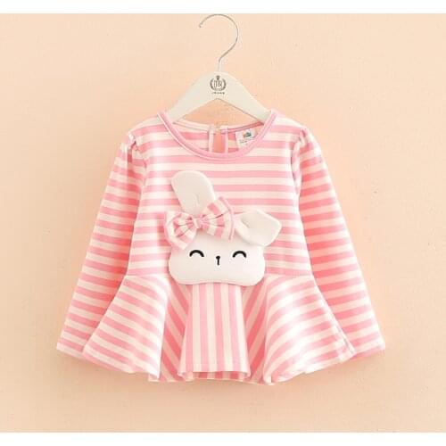 Kids Tops 2021 Fashion Spring Autumn Long Sleeve O-Neck Cute Rabbit Bow Striped Patchwork Baby Tees Little Child Girls T-Shirts