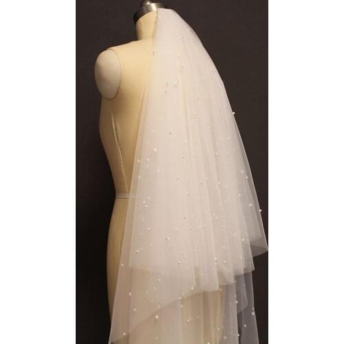 Pearls Wedding Veil 2 Layers Cover Face Long Bridal Veil with Pearls White Ivory Soft 2 T Veil Wedding Accessories