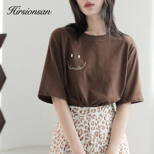 Hirsionsan Letter Print Summer T Shirt Women Vintage Smile Graphic Female Tops Harajuku Soft 100% Cotton Tees New Basic Tshirts