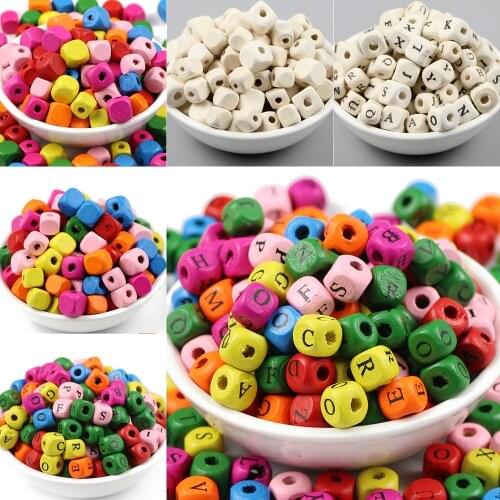 JHNBY 100pcs 8/10mm Wood Mixed Letter Square Dye Natural Wooden Loose Beads for Jewelry Necklace&Bracelets Making DIY Findings