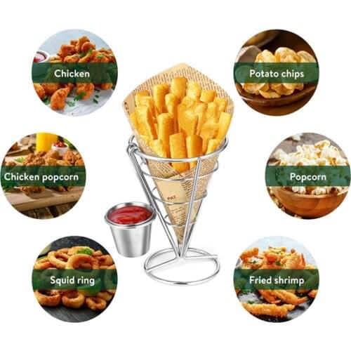 Stainless Steel French Fries Fish And Chips And Appetizers Stand Cone Basket Fry Holder With Sauce Cup Kitchen Party Supplies
