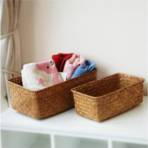 Handmade Basket Natural Seagrass Storage Basket Desktop Fruit Bread Large Container Rectangular Cosmetics Organizer Home Decor