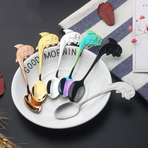 Creative Milk Tea Dolphin Head Short Handle Coffee Stirring Milk Tea Dessert Spoon Hanging Cup Cute Home 304 Stainless Steel