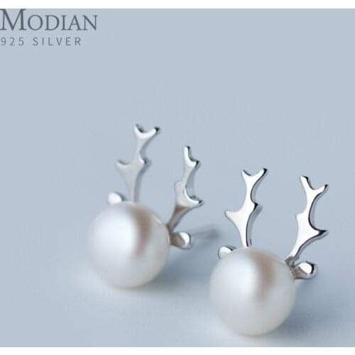 Modian Genuine 925 Sterling Silver Cute Elk Pearl Pattern Stud Earrings for Women Fashion Antler Ear Pin Jewelry Christmas Gift