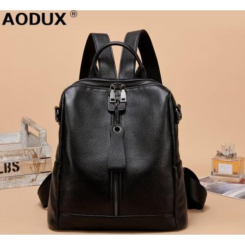 AODUX Fashion 100% Genuine Cow Leather Black Hardware Womens Backpacks Lady Girl First Layer Cowhide Female School Book Bags
