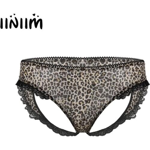 Mens Sexy Leopard Briefs Sheer Mesh Lingerie Exotic Panties Low Rise Heart Shaped Hole Open Butt Lace Trim G-string Underwear