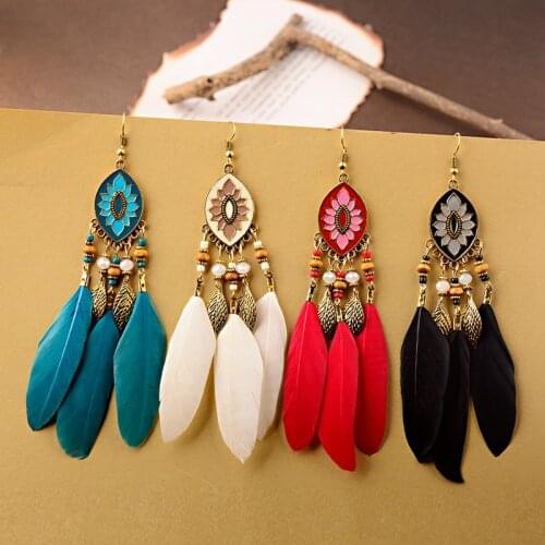 2019 Ethnic Lotus Metal Earrings For Women Tibetan Jewelry Vintage Boho Colorful Long Feather Earrings Beads Tassel Earrings
