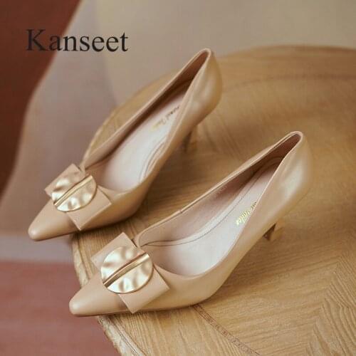 Kanseet New Female Shoes Spring Autumn Fashion Butterfly-Knot Metal Decoration Handmade Pumps Pointed Toe High Heels Footwear