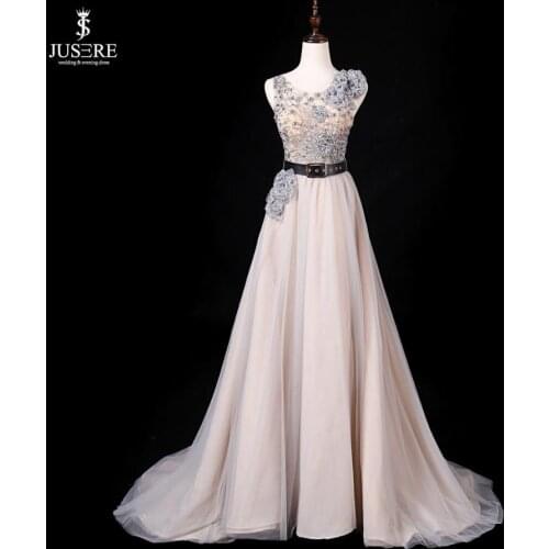 JUSERE 2019 Crystals Beaded A Line Prom Dresses Flower Shoulder Illusion Back Party Gowns High Quality Customize