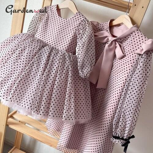 First Communion Dresses Back Pink Bow Knot Flower Cute Girl Dresses Polka Dot Top Kids Baptism Ball Gown Dresses New Year 2021