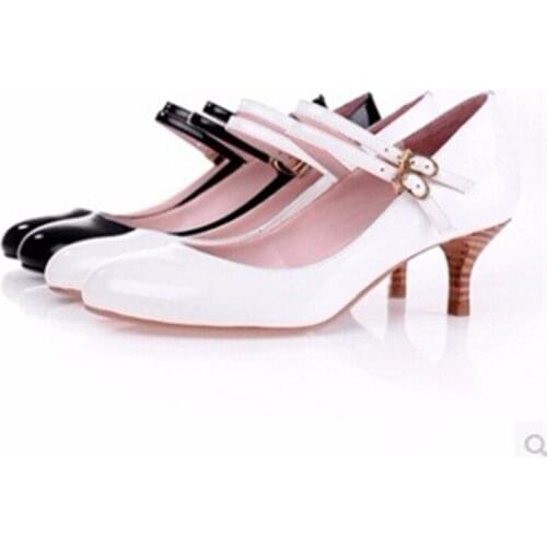 Ladies Big Size(4-15)Hand-Made Buckle Strap Wood Grain Authentice Patent Leather Thin High Heels Shoes Women Pumps Party Wedding