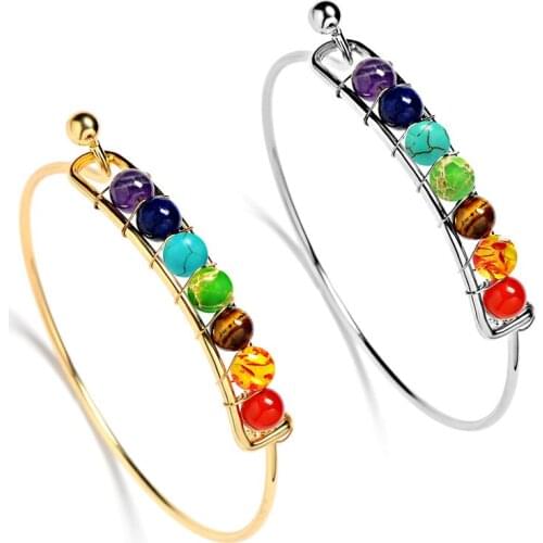 Gold Color Natural Gem Stone Bead Rainbow 7 Chakra Stones Bracelets Healing Balance Yoga Jewelry Bracelet Bangles for Women
