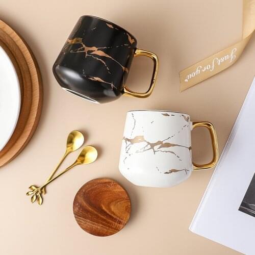 Luxury Nordic Style Marble Mugs Ceramic Couple Coffee cups Porcelain Morning-Tea Breakfast Milk Cups with Spoon And Lid