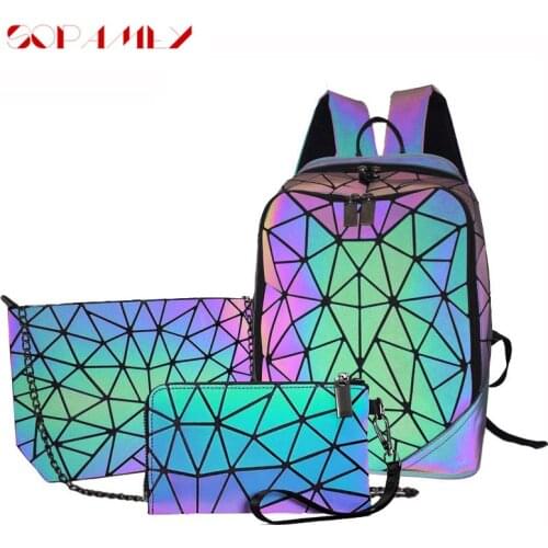 Women Backpack School Set Luminous Geometric Backpacks For Teenage Bagpack Female Holographic Backpack Purse And Shoulder Bags