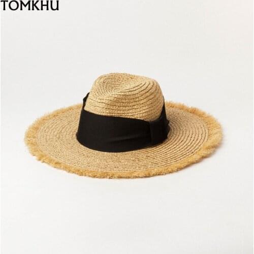 New Panama Bow Ribbon Rafia Straw Hat Handmade Jazz Hats For Women Summer Outdoor Sunscreen Wide Brim Boater Beach Sun Cap Cape