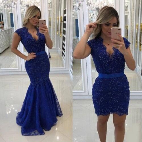 Blue Lace Mermaid Evening Dresses With Detachable Train Beaded Deep V Neck Prom Gowns Vestidos De Fiesta Sweep Train Formal Dres