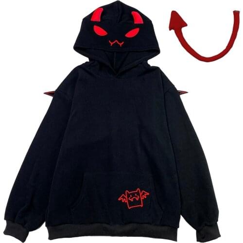 Harajuku Hoodie Women Men Autumn Winter Kawaii Couple Hoodies Embroidery Little Devil Cute Tail 2 Style Aesthetic Sweatshirts