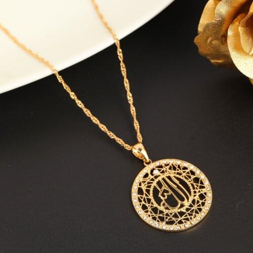Trendy Glaze Round Pendant Necklace Gold Color Religious Islamic Muslim Allah Crystal Jewelry