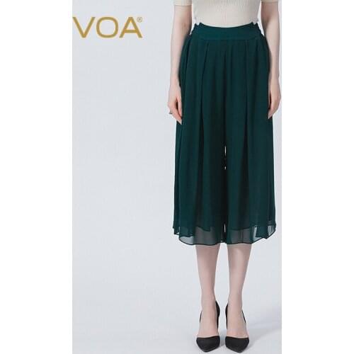 VOA Silk Georgette Green Beef Tendon Elastic Waist Skin-friendly Breathable Double Loose Seven-point Wide-leg Pants Women KE550