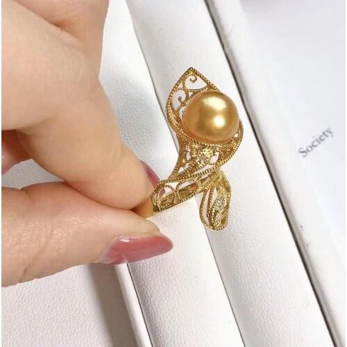 Y213 Fine Jewelry 18K Gold Made In Japan Diamonds South Sea Golden Pearls 10.5mm Rings for Women Fine Pearls Rings
