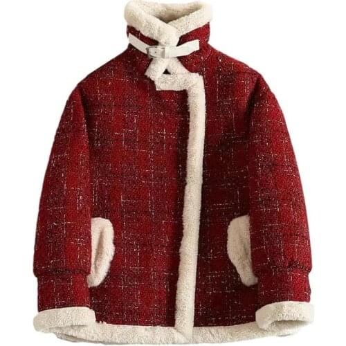Women Plaid Fur Lamb Velvet Short Jacket 2021 Winter New Coats Plus Velvet Thick Woolen Coat Fashion Red Black Female Outerwear