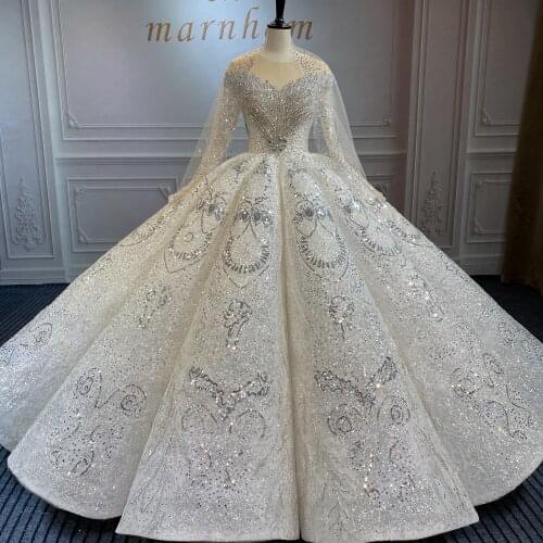 Marnahm 2021 New Design Luxury Woman Wedding Dress V-Neck Full Bead Crystal Diamond Bridal Gown Long Sleeves Real Work Photo