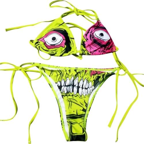2021 Women 2pcs Swimsuit Sets Sexy Cartoon Print Deep V-neck Halter Bikini + Tie-up Panties Swimwear Padded Bandage Beachwear