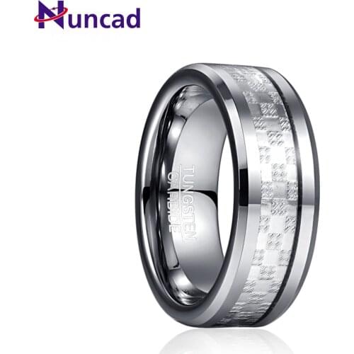 8mm Steel Color Chamfer Inlaid with Silver Checkered Metal Sheet Tungsten Carbide Ring Mens Fashion Wedding Jewelry Best Gift