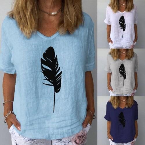 Blouses Woman Clothing Summer Casual Cotton And Linen O-Neck Print Short Sleeves Print Shirt Blouse Blusa Feminina Blouse Tops