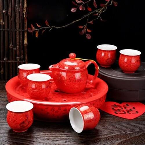 Ceramic Double happiness Tea Set Filter Teapot and cups teatray Kettle Teacups Chinese Style Wedding Red Teaware Luxury Gifts